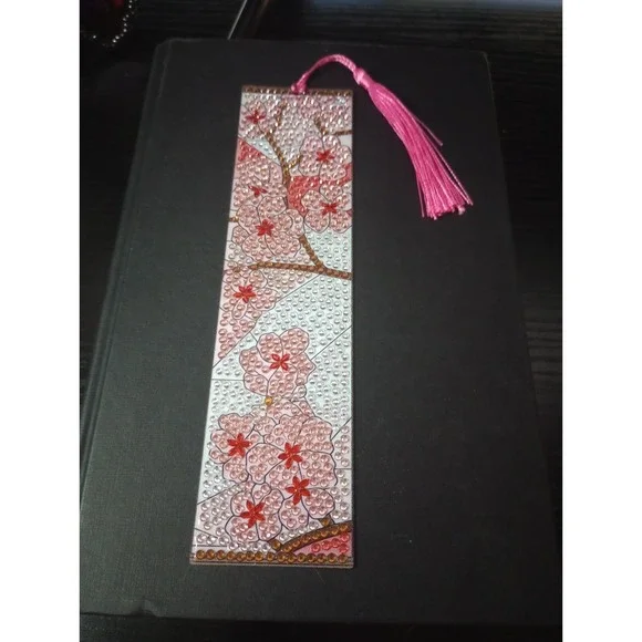 Handmade Diamond Painting Cherry Blossom Bookmark Pink Tassel 7.5
