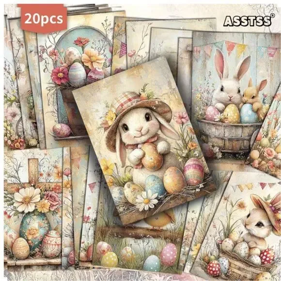 NWT 20pc Vintage Easter Bunny Postcard Set Wall Collage Kit Room Decor DIY Craft
