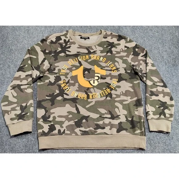 True Religion Camo Crewneck Sweatshirt Men's Green Military Pullover Sz X-Large