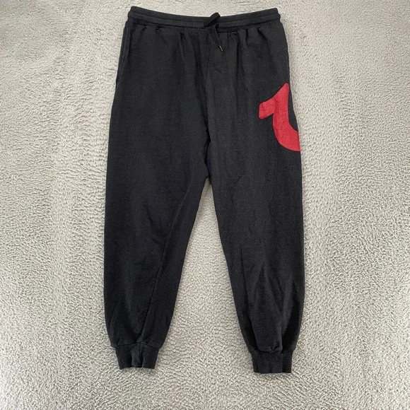 True Religion Joggers‎ Mens Large Gray Sweatpants Red Big Logo Lounge Fleece