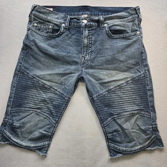 True Religion Rocco Moto Biker Denim Shorts Mens 40 Blue Raw Hem Distressed Y2K