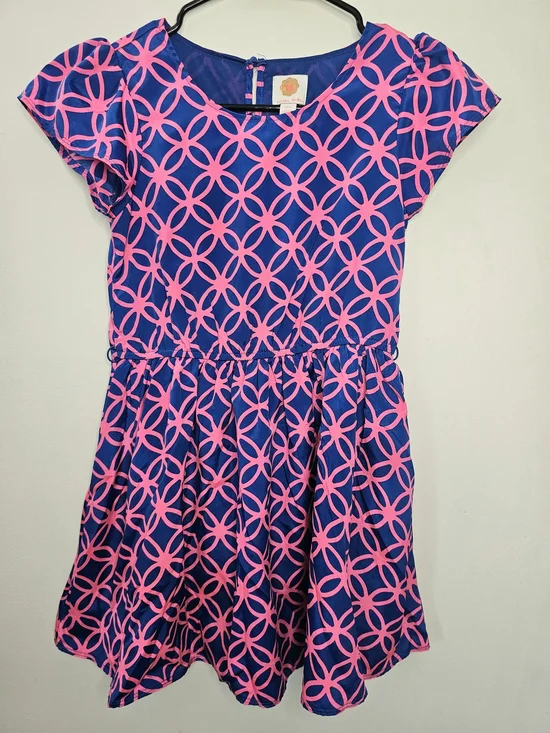 Total Girl Blue Pink Geometric Print Dress Girls Size 10/12 Flutter Sleeve