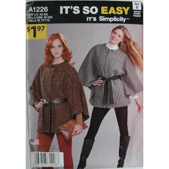 Simplicity Sewing Pattern 1226 Cape Poncho Misses‎ Size XS-XXL