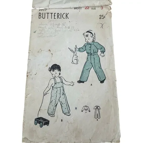 Vintage 1941 Butterick 3917 Toddler Overalls Lumberjacket Sewing Pattern Size 3