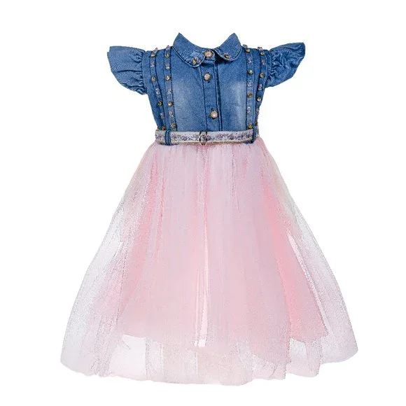 Girls Denim Top Pink Tulle Dress with Belt