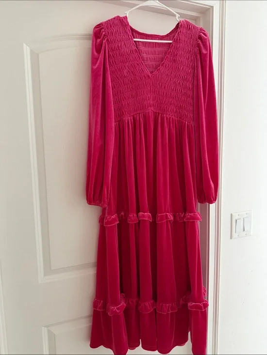 Girls' Fuchsia Smocked Velvet Long Sleeve Dress