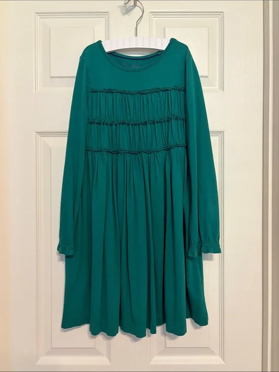 Mini Boden green long-sleeve dress with ruffle trimmed bodice - Size 8-9Y