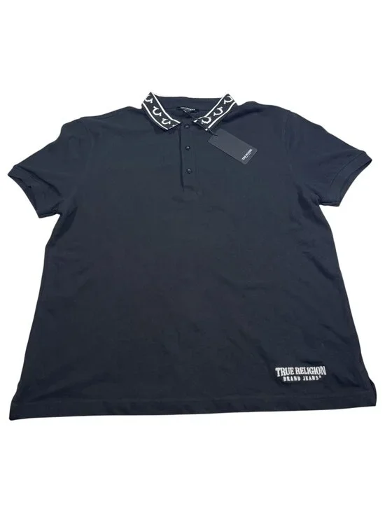 True Religion Mens Black Branded Collar Polo Shirt Short Sleeve Size XL NWT