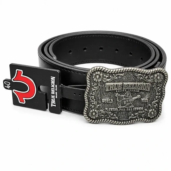 NWT True Religion Delano Plaque Buckle Black Bonded Leather Belt Size 40 Western