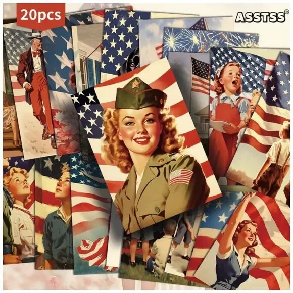 NWT Retro Patriotic Vintage Postcards Art Print Craft Ephemera Junk Journal 20pc
