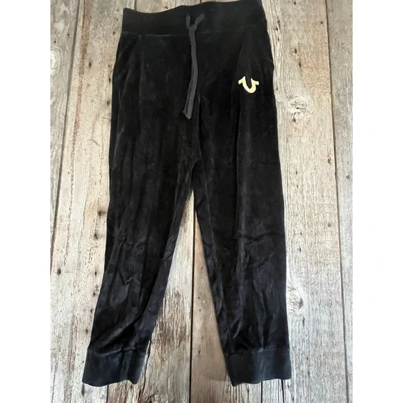 True Religion Mens Velour Jogger Sweatpants Black Gold Horseshoe Logo 101383 S