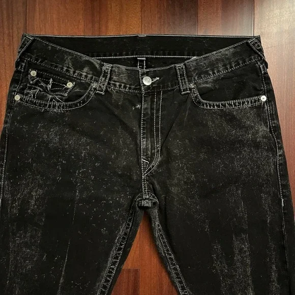 True Religion Jeans Men 40 Black Ricky Flap World Tour Straight Baggy 42x29 Y2k
