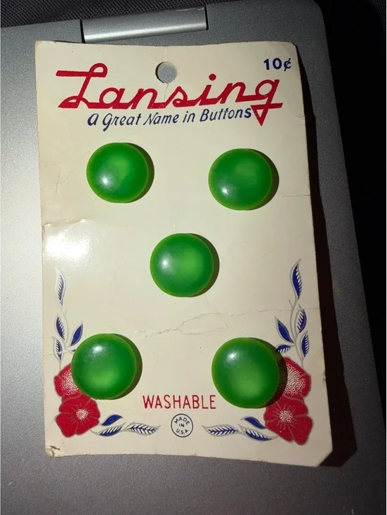 Vintage Lansing Green Buttons Card - Washable, Made in USA,