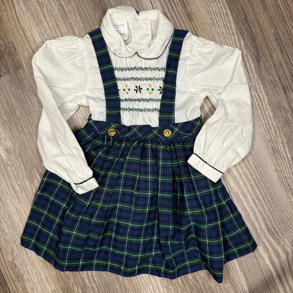 Polly Flinders Vintage Smocked Plaid Tartan Dress Navy Green White Toddler 4