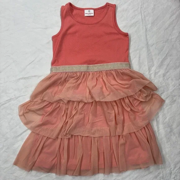 Hanna Andersson Swish Dress Orange Coral Tiered Tulle Ruffle Tank 130 Girls Sz 8
