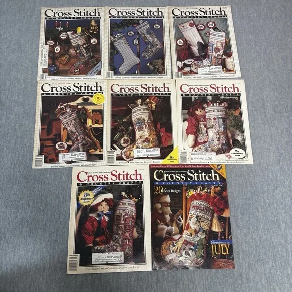 Cross Stitch and Country Crafts Magazine LOT 8 1987-93 Christmas Stocking VTG