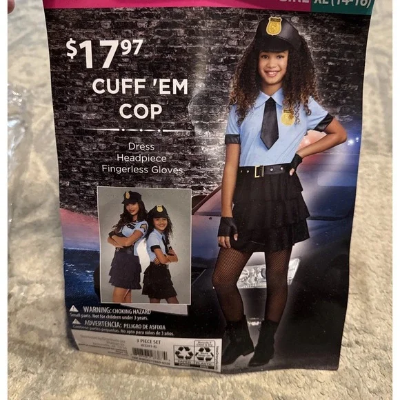 Youth‎ Girls Blue Black Police Cuff Em' Cop Halloween Costume Dress  XL (14-16)
