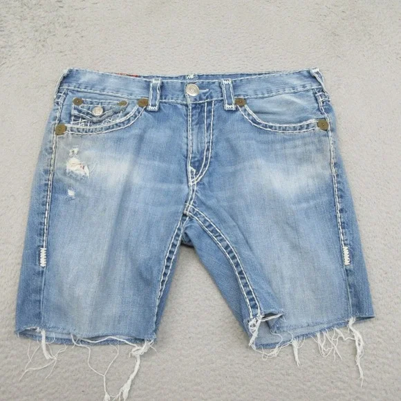 True Religion Joey Super T Jean Shorts Mens 36 Blue Light Wash Distressed USA
