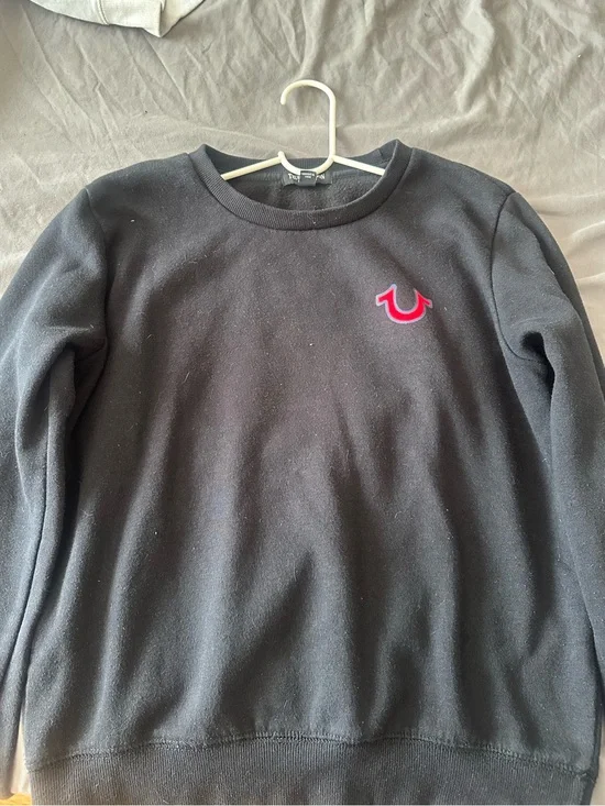 True Religion Black Crewneck Sweater with Pink Logo Emblem