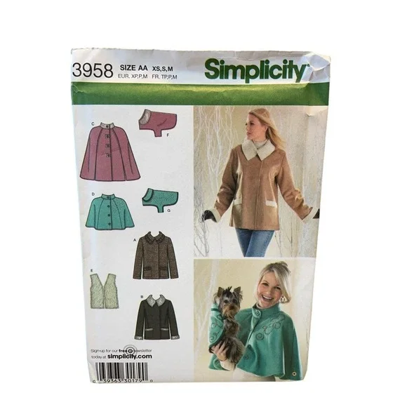 Simplicity 3958 Misses' Jacket Capelet Vest Dog Coat‎ XS-M