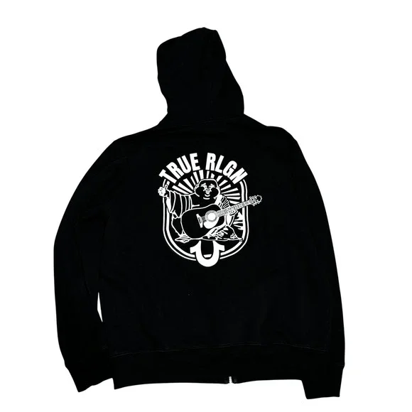 True Religion Zip Hoodie Mens XXXL Black Buddha Graphic Horseshoe Logo $129
