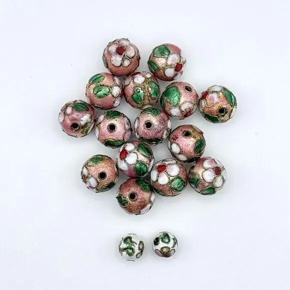 Lot of 7 Vintage Cloisonné Beads Green Pink Enamel Gold Tone Jewelry Making