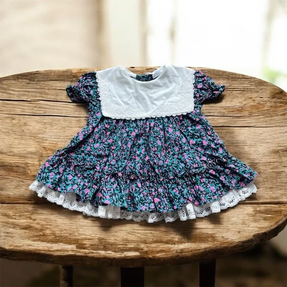 VINTAGE BRYAN Girls Floral Prairie Dress Lace Collar and Ruffle Hem 12 Months