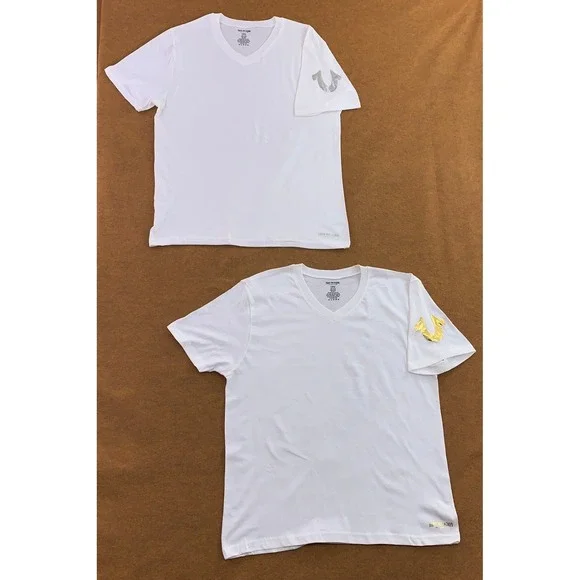 True Religion Mens Large White Gold Silver Foil Logo V-Neck T-Shirt 2 Pack