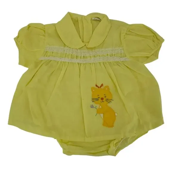 Vintage 70's Yellow Kitty Lace Ruffle Frilly Smocked Dress Baby Girl 18 mo 4034