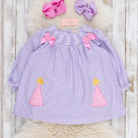 Party Hat Hand Smocked Purple Gingham Dress Birthday Party Bow NWT Girls Size 4