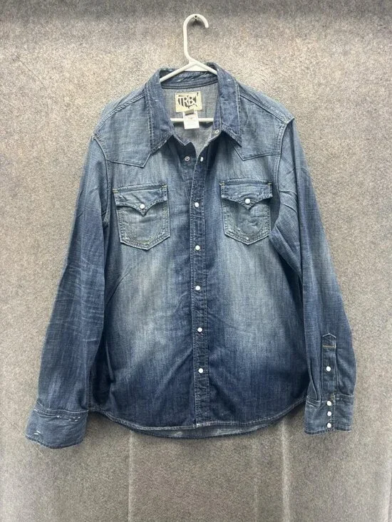 True Religion Shirt Men XL Blue Denim Snap Button Western Casual Cowboy USA VTG