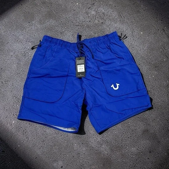 True Religion Men's Curved Nylon Shorts Mazarine Blue Large NWT 109090 Pockets