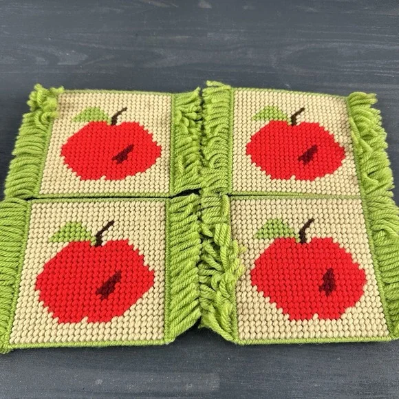 Vintage Handmade Needlepoint Coasters Fruit Apple Set of 4‎ - EUC