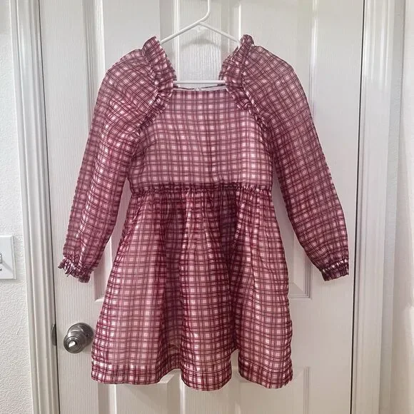 Crewcuts J.Crew Girl's Fairy-Tale Dress in Organza Plaid Ivory Vibrant Flame 12