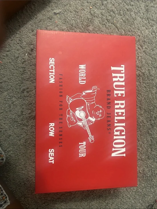 True Religion Red Box with White Logo and Guitar Monk