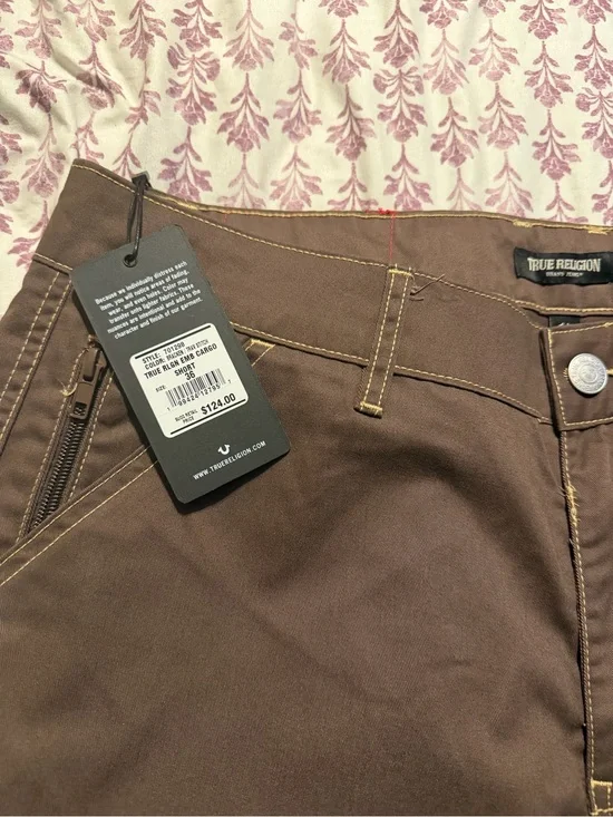 True Religion Brown Utility Cargo Shorts with Contrast Stitching