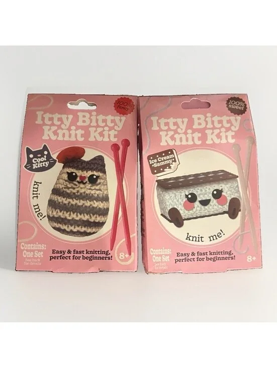 2 New Itty Bitty Knit Kit Cool Kitty & Ice Cream Sammy Beginner Knitting