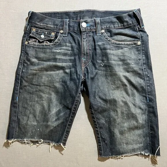 True Religion Slim Denim Shorts Mens 34 Blue Denim Flap Pocketed‎ Cut Off.