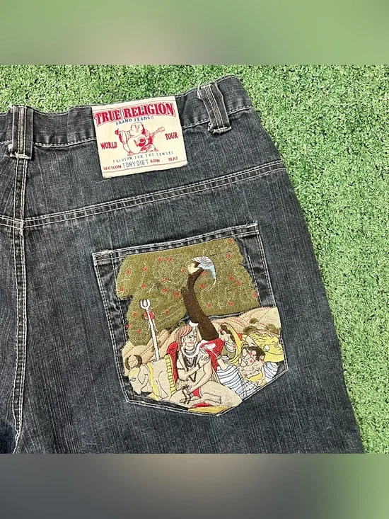 True Religion RARE Tony Embroidered Jean Shorts Jorts Size 42 Baggy Hip Hop