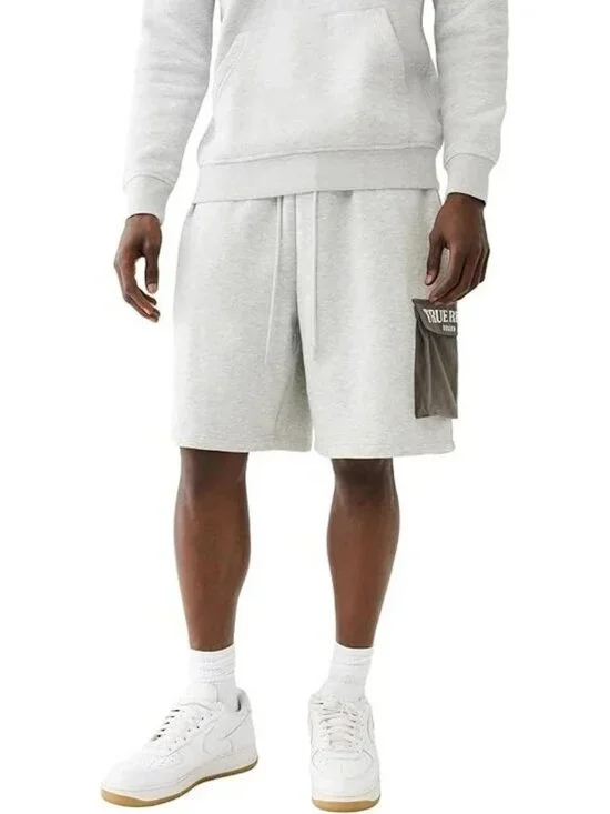 True Religion Mens Large Mix Media Cargo Shorts Heather Grey NEW