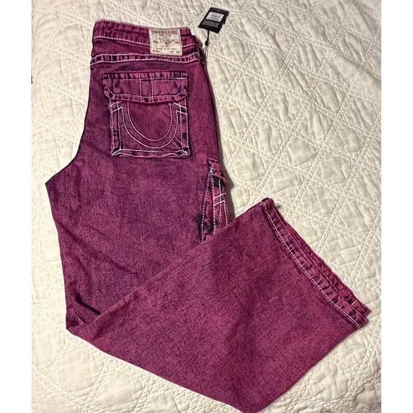 True Religion Bobbi Baggy Cargo Jeans Fiona Pink Overdye Super T Stitch 34 NEW