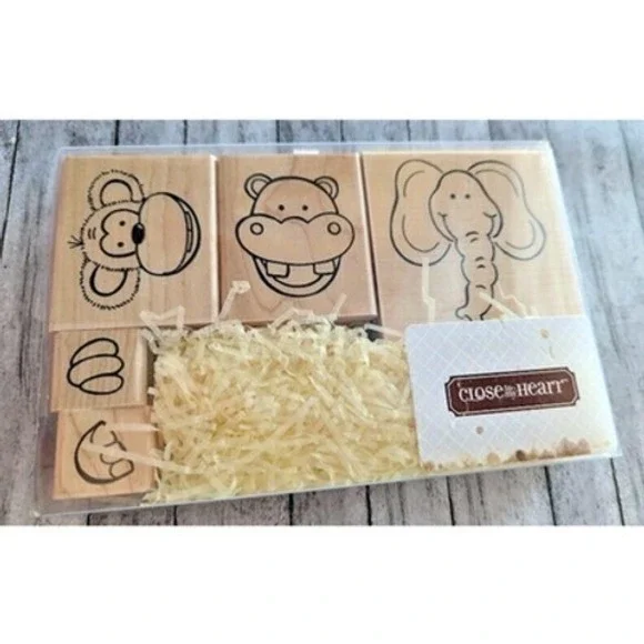 Close To My Heart Zoo Friends Rubber Stamp Set Wood New S553 Monkey Elephant