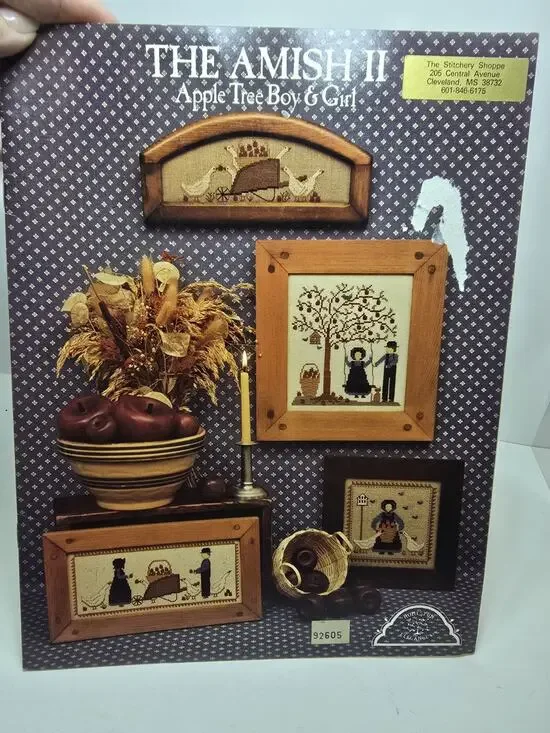 1985 The Amish II Apple Tree Boy & Girl Cross Stitch Pattern Book Leaflet Goose