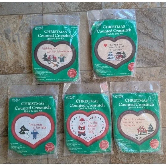 Lot 5 Hobby Kraft Christmas Counted Cross Stitch Kit Heart Frame Santa Snowman