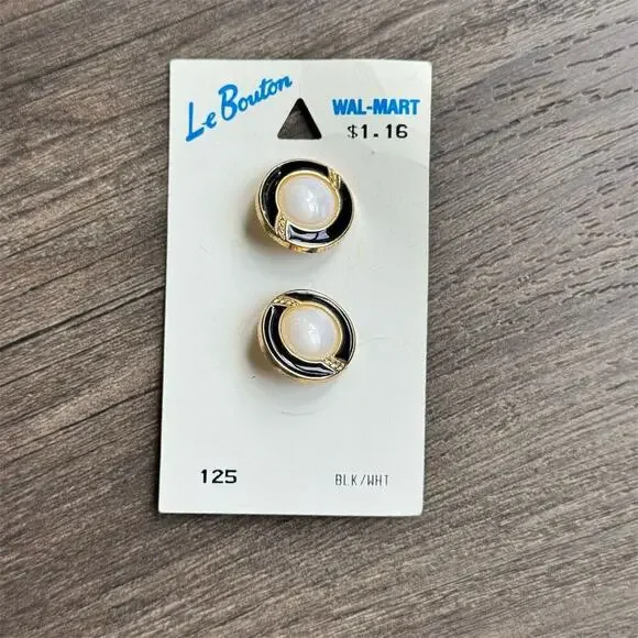 NEW on card Vintage 60s Le Bouton Black White Gold Round Buttons 3/4