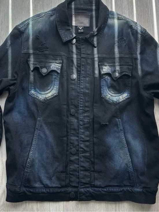 True Religion Black Denim Jacket with Blue Faded Accents