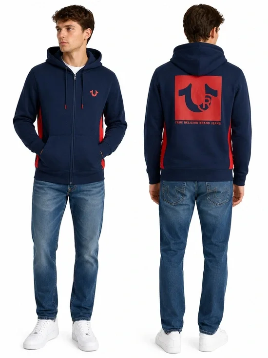 True Religion Navy & Red Zip-Up Men’s Hoodie, Size M