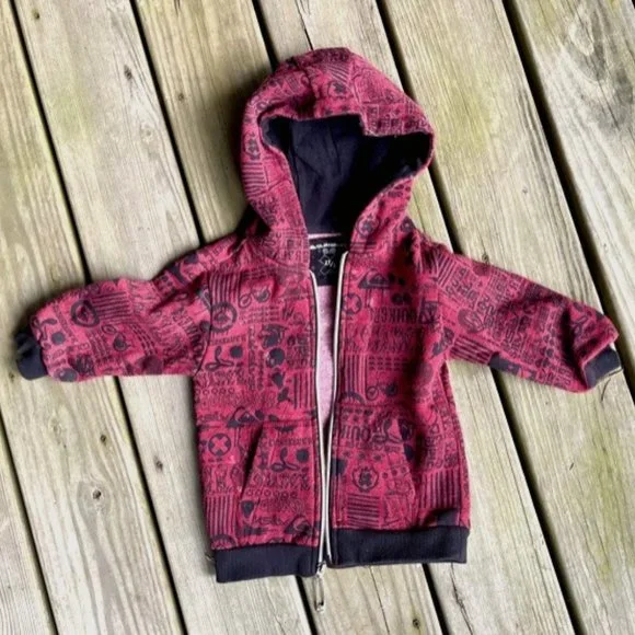 Quiksilver Boys Maroon Black Allover Print Zip Hoodie Jacket 2T