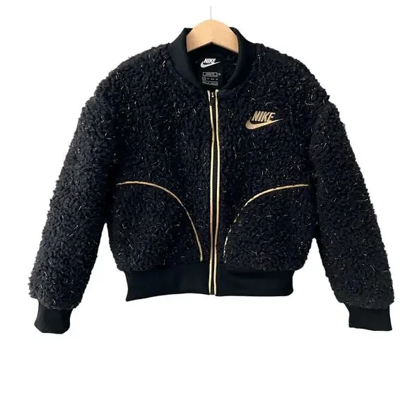Nike Sherpa Shine Fleece Bomber Jacket - Girls - Black Gold - XS or 4 / 5