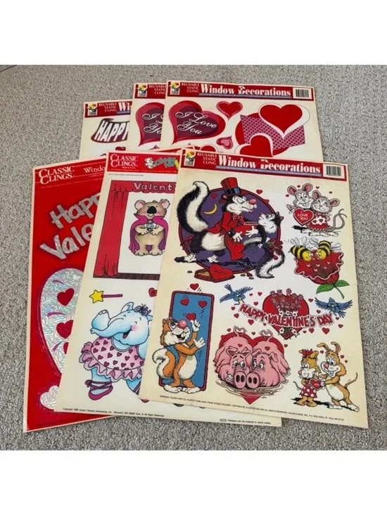 Vintage Valentine Window Decorations Color Clings Static Holiday Decor Lot 6x